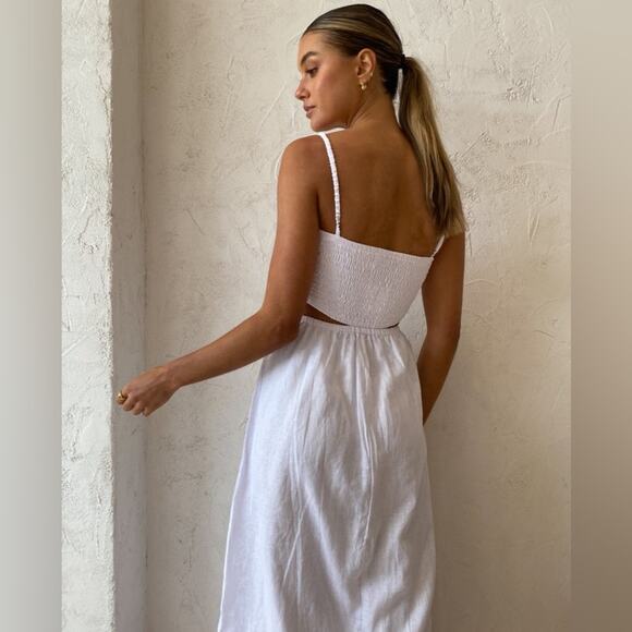 FAITHFULL THE BRAND Tayari Midi Dress 100% Linen White Beach Cutout US 8  299.00 - Picture 8 of 13